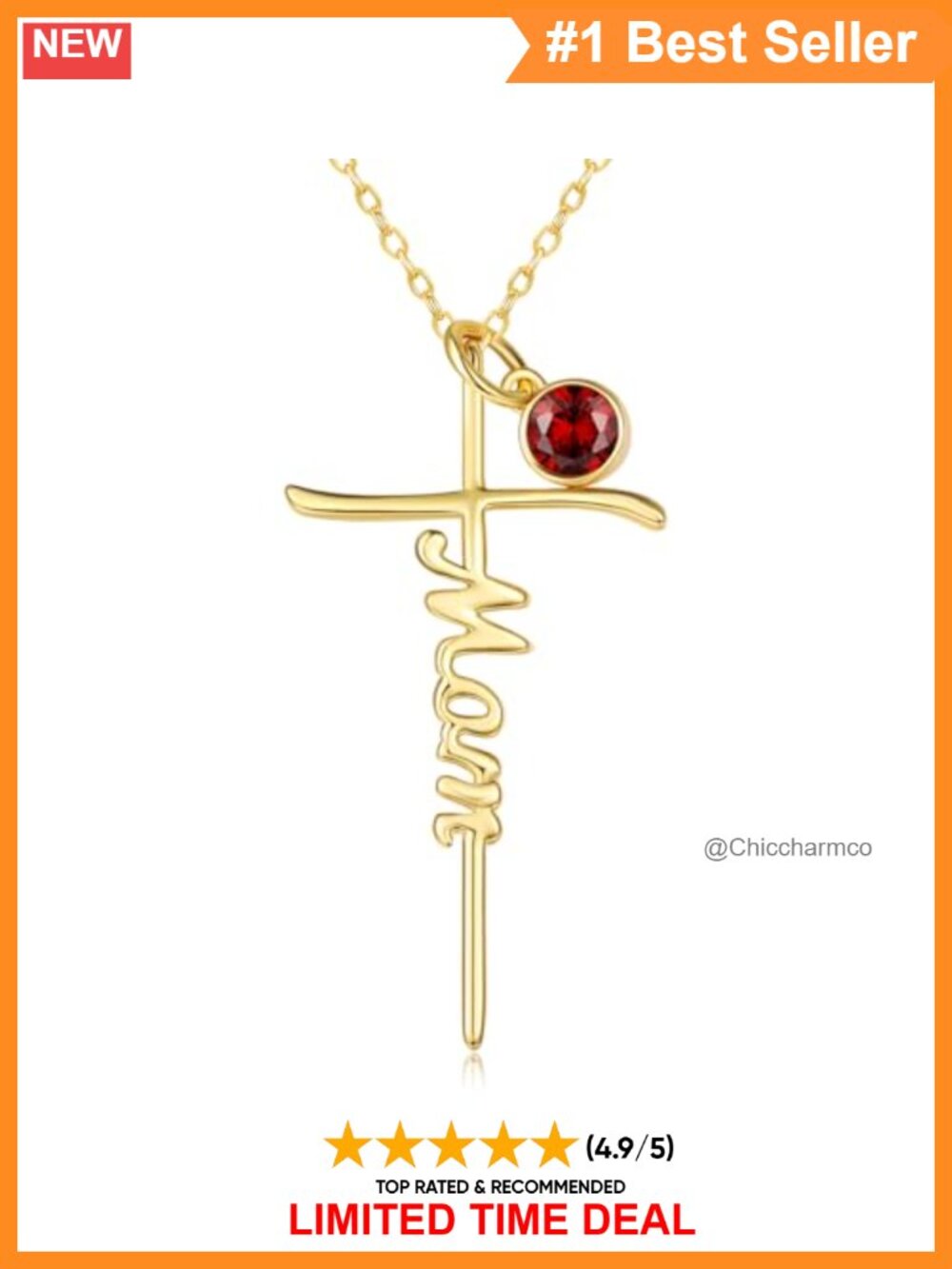 14K Gold Plated Mom Cross Necklace Garnet Pendant